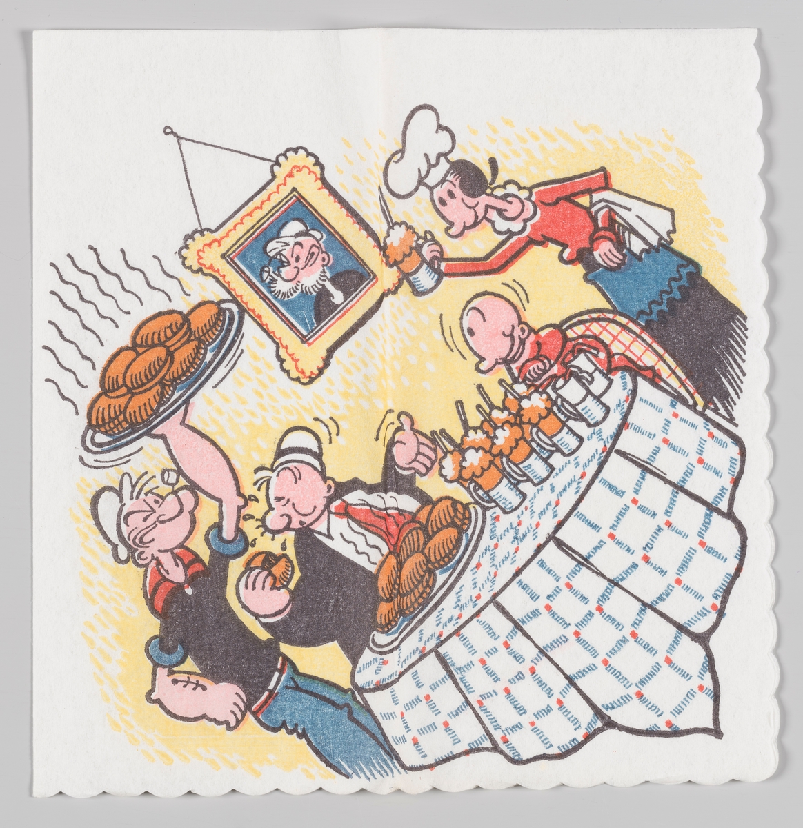 Skipper`n kommer bærende med middagen til familien. Olivia kommer med drikke.

Skipper`n på engelsk kal Popeye the Sailor er en amerikansk tegneserie og tegnefilmfigur. Han ble skapt av Elzie Crisler Segar og ble første gang presentert i 1929. Skipper`n ble svært populær i Norge. I 1947 til 1959 utga Allers et ukentlig serieblad med figuren, 1967-1970 utga Romanforlaget serien.

Skippen er også motiv på serviett MIA.00007-003-0052.