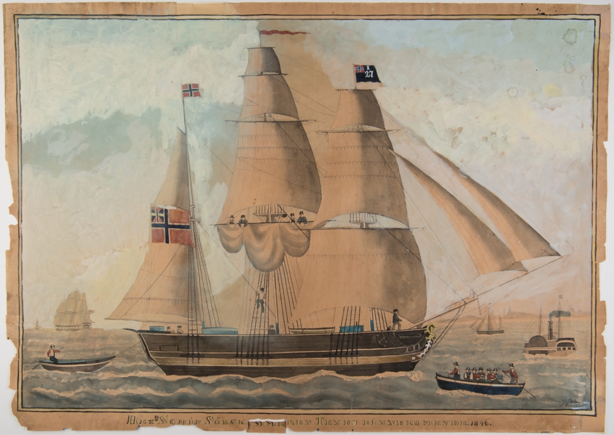 Bark 'Søeskummeren' 1846 Enkelte mersseil. Fortoppen I og 27 under, mesantoppen rent norsk flagg, gaffelen unionsflagg