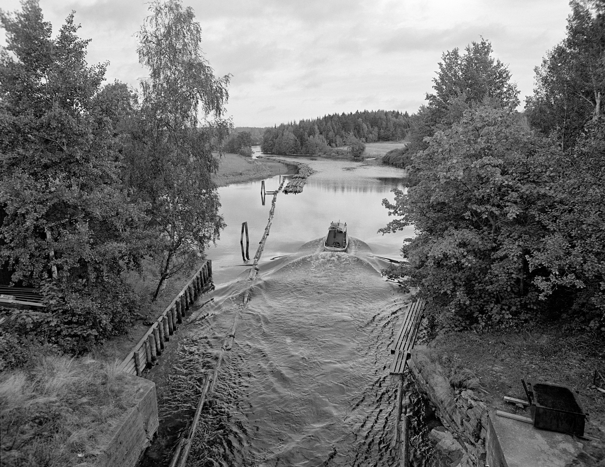 Varpebåten «F8» fotografert på veg opp gjennom overkanalen ved Strømsfoss sluse i Aremark i Østfold.  Da dette fotografiet ble tatt var båten i ferd med å nå det stedet der Strømselva og kanalen skilte lag.  Elveløpet gikk noe lengre vest, til venstre for båtens posisjon.  Fotografiet viser også hvordan man hadde lagt ledelense som skulle forhindre at fløtingstømmeret fulgte elva istedenfor å gå i kanalen mot sluseanlegget.  I Haldenvassdraget var det vanlig å legge lensestokkene slik at endene overlappet hverandre, som takstein, sammenføyd med smidde kramper og løkker.  Mot det nevnte elveløpet var det imidlertid lagt dobbeltlense, altså to parallelle lensestokker.  Disse ledinnretningene ble støttet av duc d’alber – pælebukker – som var drevet ned i elvebotnen.  Høyere oppe i elva skimer vi ei tømmerlenke som var lagt langs ledelensa.  Det var sannsynligvis dit man skulle med F8, for å dele opp denne tømmerlenka i slusevendinger som passet til størrelsen på slusekammeret.  I perioden 1979-1982 ble det utelukkende fløtet ubarket massevirke i tre meters lengder i Haldenvassdraget.  Av dette sortimentet gikk det fire bunter i hver slusevending.

En liten historikk om tømmerfløting og kanaliseringsarbeid i Haldenvassdraget finnes under fanen «Opplysninger».