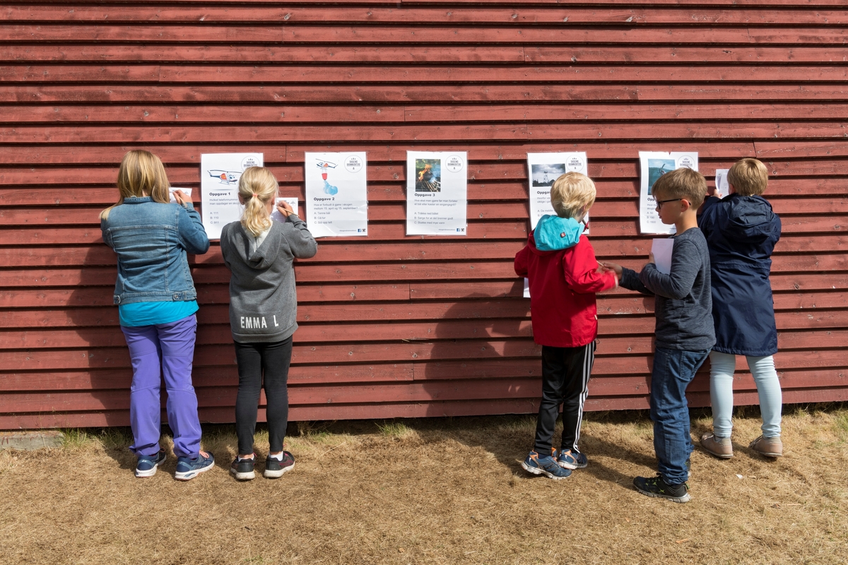 Fra temadagsarrangementet «Skog og vann - naturskole for alle!» på Norsk skogmuseum i Elverum i juni 2018.  Fotografiet viser fem av skoleeleverne som deltok i dette arrangementet, ivrig opptatt med å løse oppgaver som inngikk i delprogrammet «Bli en skogens brannvokter!».  Oppgavearkene var oppstiftet på ytterveggen på det rekonstruerte skogbrannvakttårnet på museet, og denne delen av temadagsprogrammet ble ledet av representanter for brannforsikringsselskapet Skogbrand.  Denne tematikken var spesielt aktuell da arrangementet ble avviklet, i en langvarig varme- og tørkeperiode med flere skogbranntilløp ulike steder i Norge.

«Skog og vann» var ett av femten temadagsopplegg Norsk skogmuseum tilbød barnehager og grunnskoler i 2018.  De fjorten andre hadde mer avgrenset tematikk, og mange av dem var orientert mot årstidsspesifikke forhold i naturen eller i tradisjonelt arbeidsliv.  «Skog og vann» var derimot tilpasset de mange som ønsket en elevtur til museet mot slutten av skoleåret, uten noe spesielt læreplanrelatert pedagogisk mål.  Aktivitetstilbudet var derfor vidtfavnende og mangfoldig, fordelt på et stort antall «stasjoner» med aktivitetstilbud på museets uteområde.  Aktører fra en del frivillige organisasjoner med skog- og utmarksarktiviteter på programmet samarbeidet med museets formidlere om avviklinga av arrangementet.  I 2018 samlet «Skog og vann» 3 000 elever fordelt på fem dager.