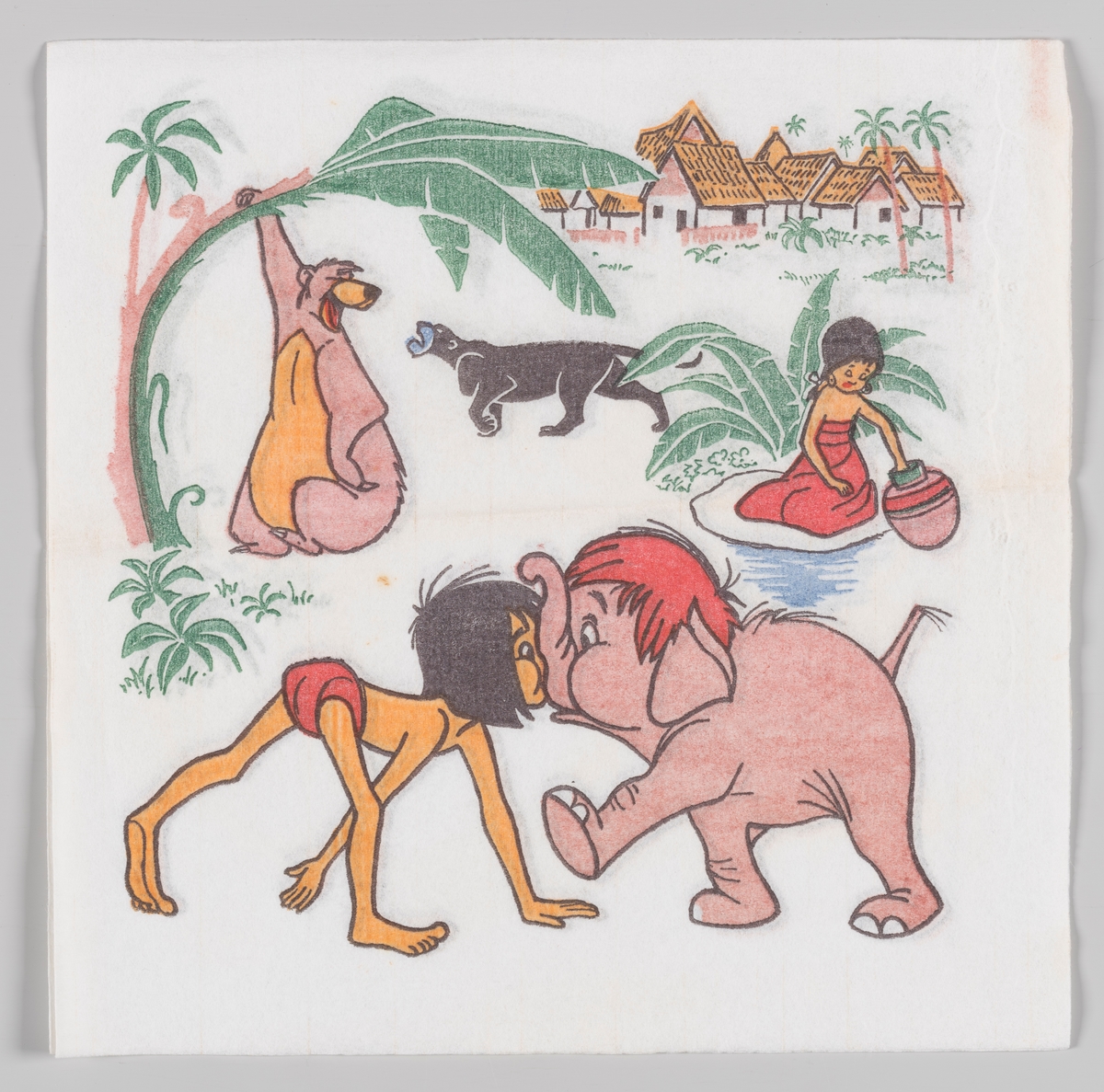 Mowgli og elefantungen støtter sammen nese mot snabbel. I bakgrunnen bjørnen Baloo, den sorte panter Bagheera og en jente fra landsbyen.

Animasjonfilmen Jungelboken fra Walt Disney hadde kom i 1967.

Samme motiv som serviett MIA.00007-0155.