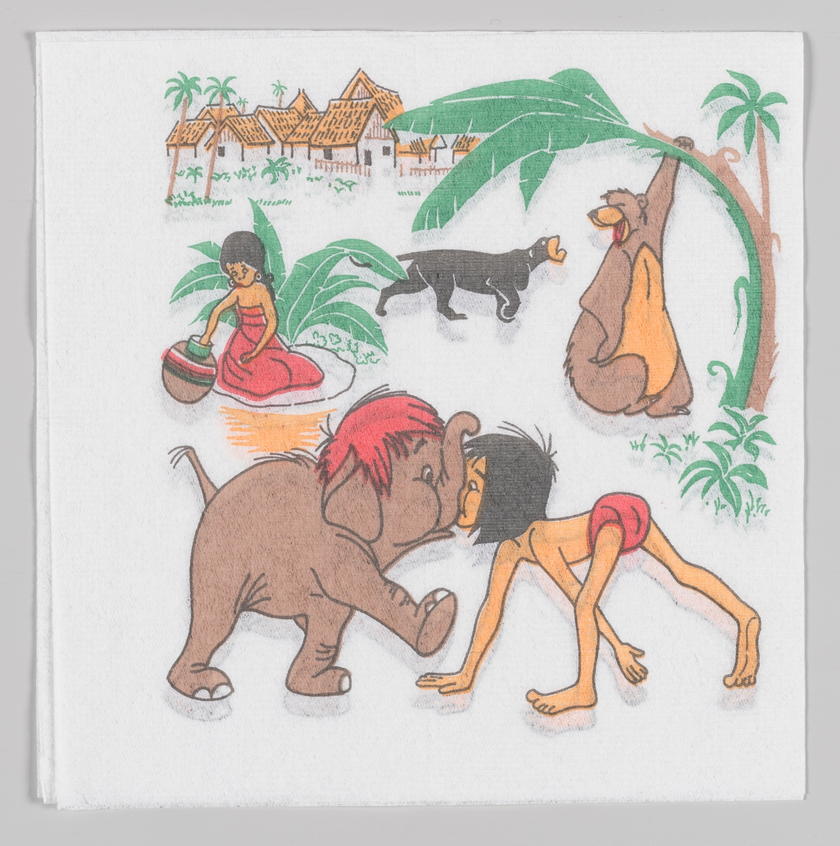 Mowgli og elefantungen støtter sammen nese mot snabbel. I bakgrunnen bjørnen Baloo, den sorte panter Bagheera og en jente fra landsbyen.

Walt Disneys animasjonsfilm Jungelboken kom i 1967.

Samme motiv på serviett MIA.00007-003-0154.