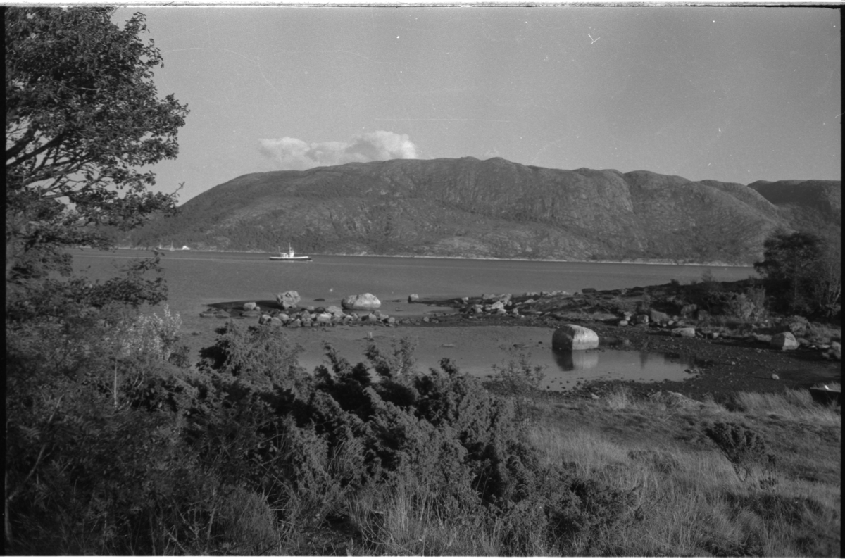 En ung mann på tur en sommerdag. Det er også bilder av et fjordlandskap og en by.