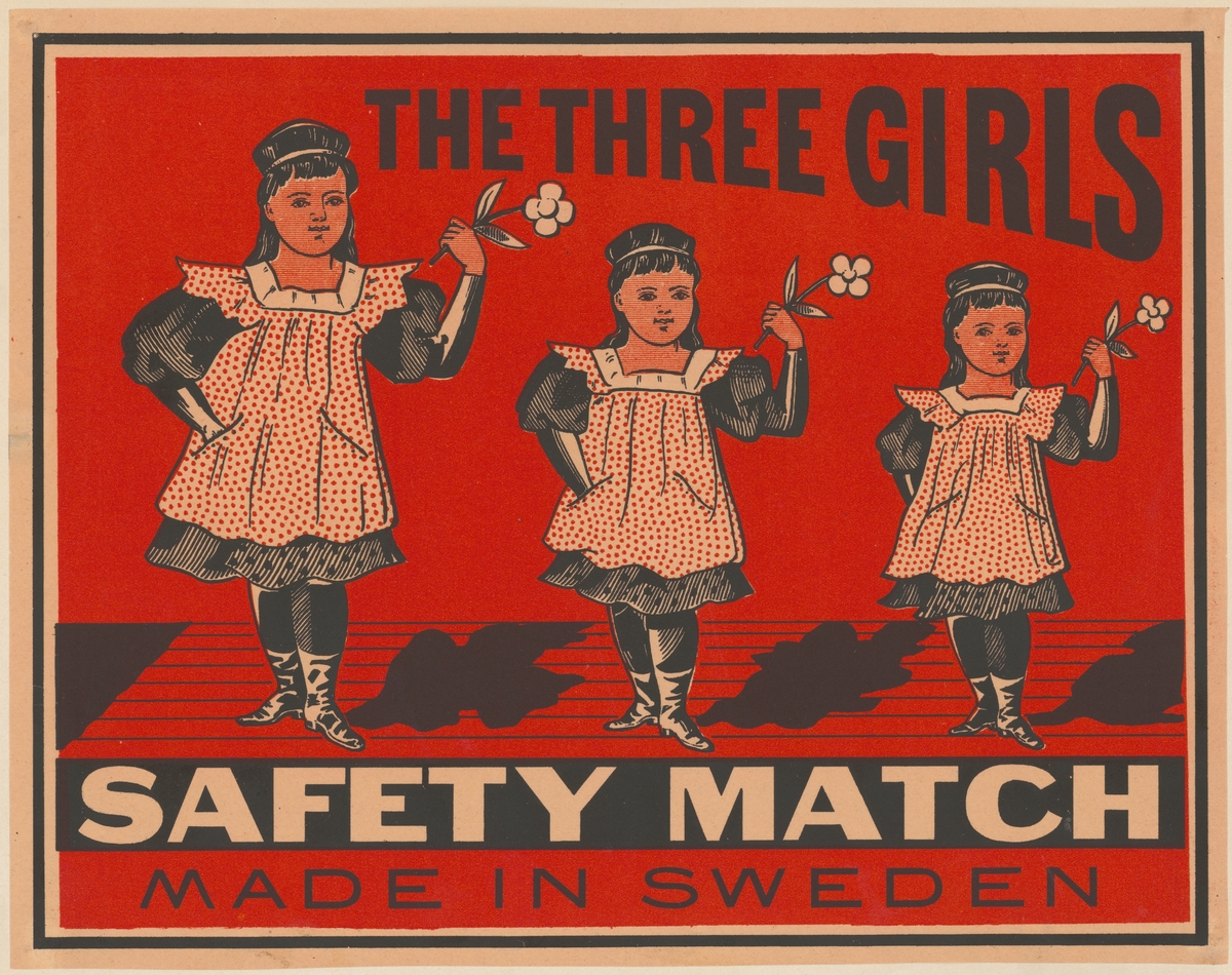 Etiketter för tändsticksaskar, från Svenskt Industri- och Handelsmuseum.
Udevalla - Örebro.
(The three girls).