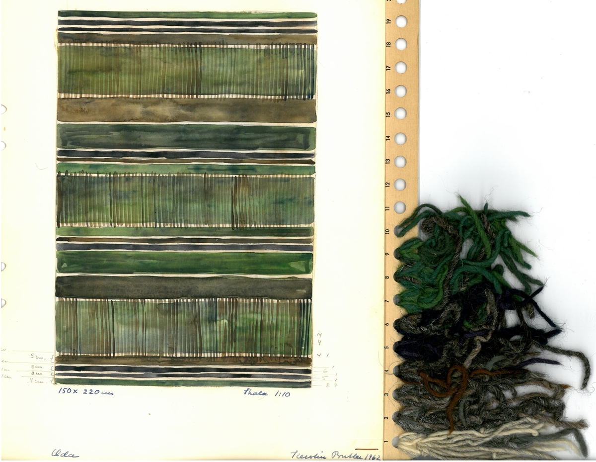 Skisser till skyttlade mattor.
Formgivare: Kerstin Butler 1962
"Ada grön"
"145x220cm"