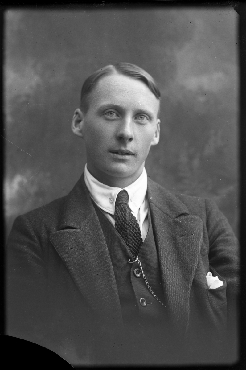 Porträtt av Karlström iklädd tredelad kostym, vit skjorta och slips.