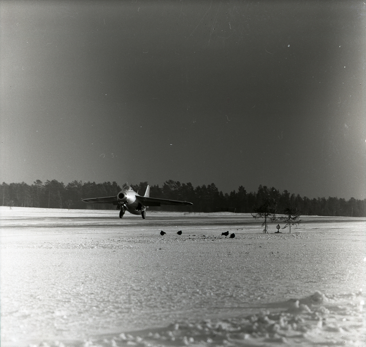 Ett startande flygplan i Söderhamn med orrar på flygfältet den 17 & 18 januari 1957.