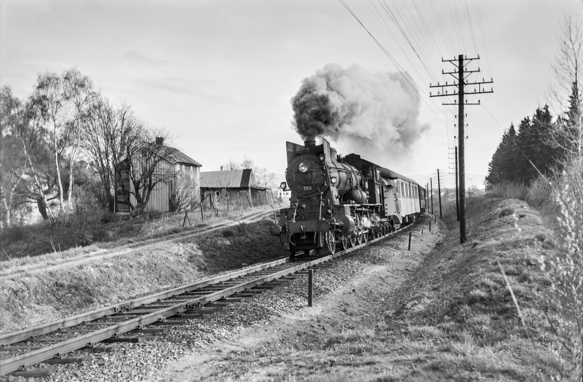 Dagtoget fra Trondheim til Oslo Ø over Røros, tog 302, nord for Stavne. Toget trekkes av damplokomotiv type 30b nr. 350.