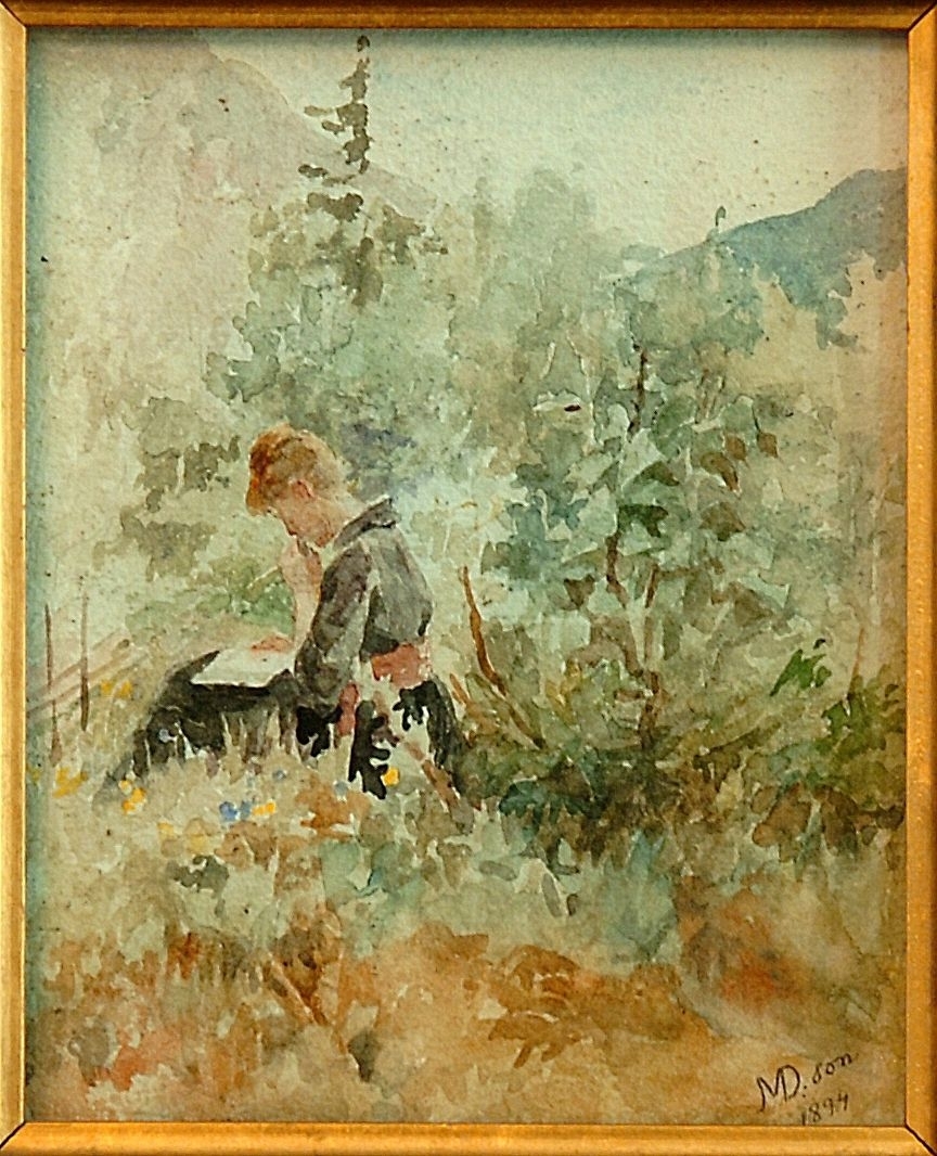 Kvinne sitter og leser i landskap