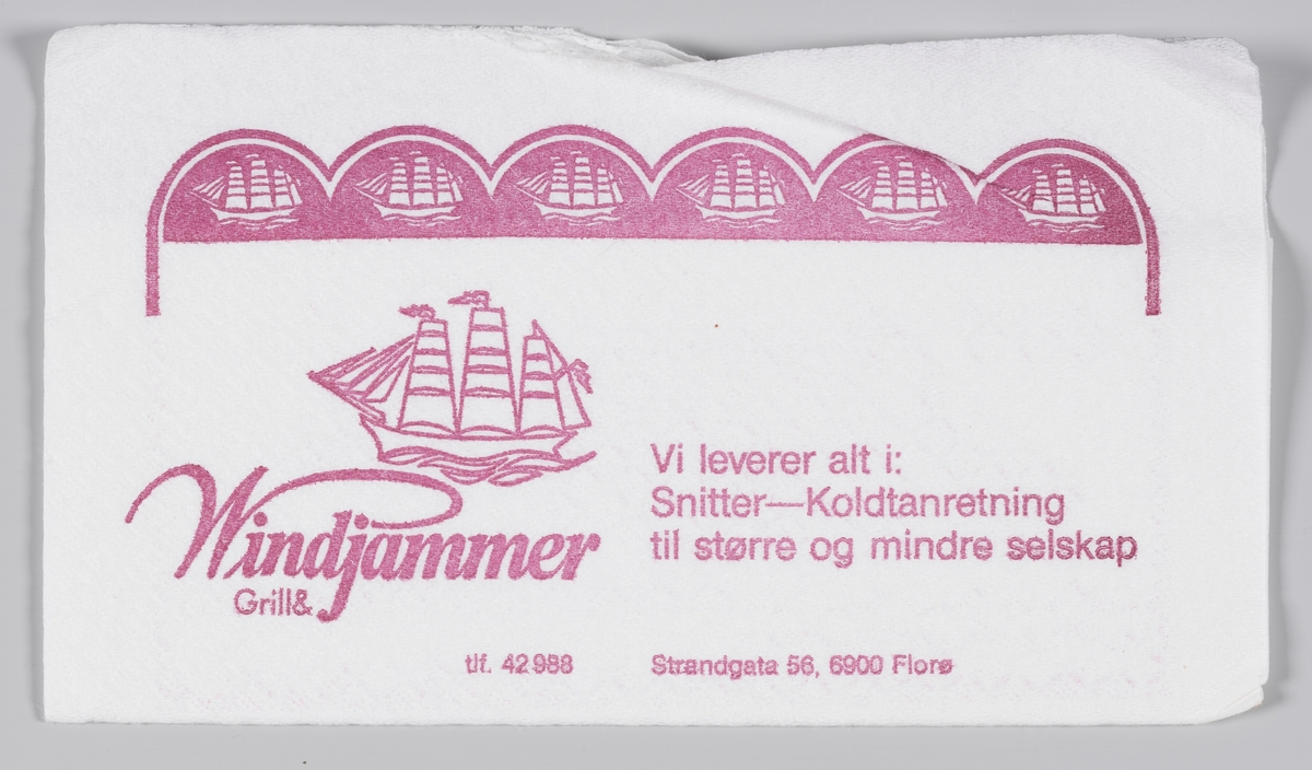 En øy, måker og bølger og en reklametekst for Cafe La Mer på Snorre Senter og flere seilskip og en reklametekst for restaurant Windjammer i Florø. 

Restaurant Windjammer stengte i 2006.