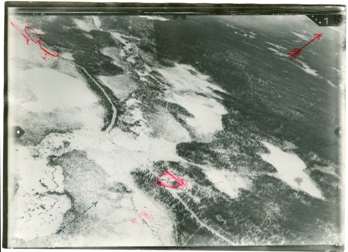 Flygfotografi av landskap vid Aapolampi i norra Finland under finska vinterkriget, 1940. Spaningsbild över skog, väg och fält tagen av flygare vid F 19, Svenska frivilligkåren i Finland. Längst till vänster i övre kant syns en finsk bilkolonn längs vägen.