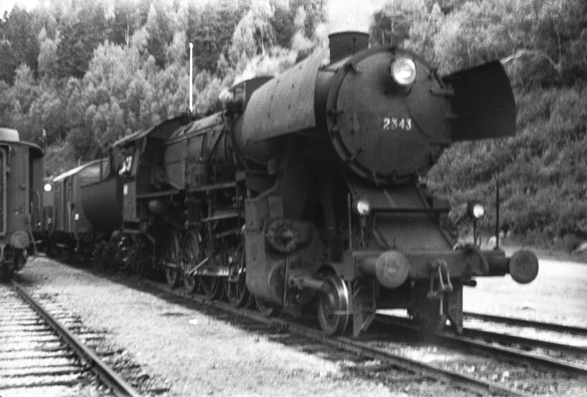 Damplokomotiv type 63a nr. 2343 med godstog på Verma stasjon.