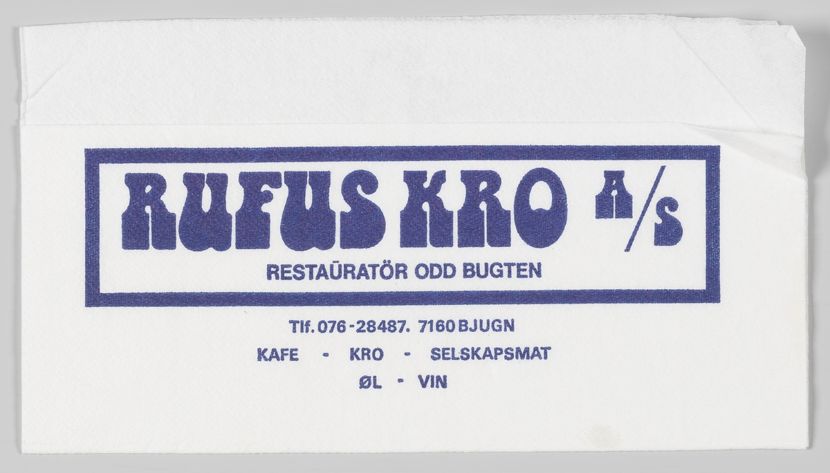 En ramme med en reklametekst for Rufus Kro i Bjugn.