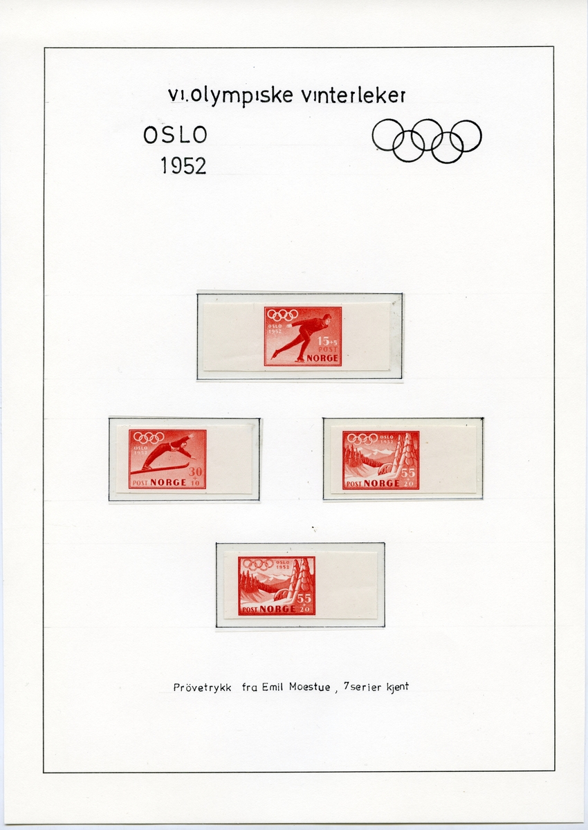 Albumside med fire røde frimerker med de olympiske ringer i hvitt. Det første en skøyteløper, det neste en skihopper og to siste har vinterlandskap.
