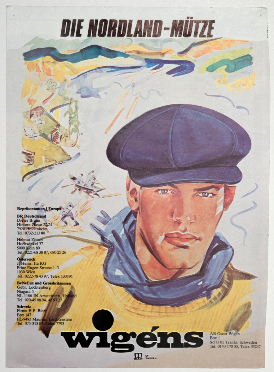 Affisch-skylt, pappersark med färgtryck föreställande en man med keps, och tryckt text på tyska.