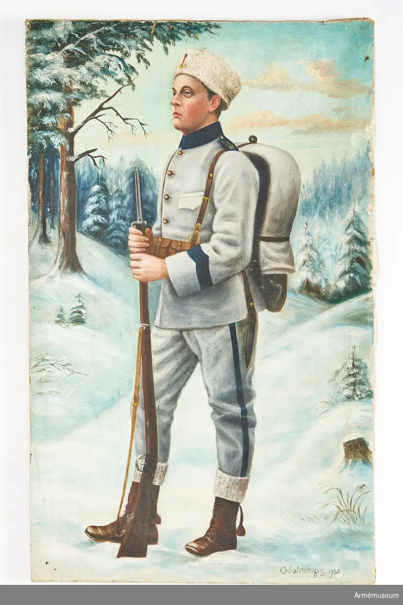 Målning utförd i olja föreställande en soldat vid namn Helge som befinner sig i ett idylliskt vinterlandskap iförd uniform m/1910 samt beväpnad med ett gevär. Målningen saknar ram.
