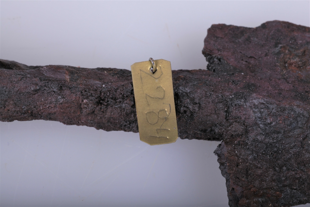 Spydspiss av jern, ganske som type Rygh 202 med 2 mothaker, beskadiget, fra yngre romersk jernalder. Funnet i en gravhaug på Sukkestad i 1888.