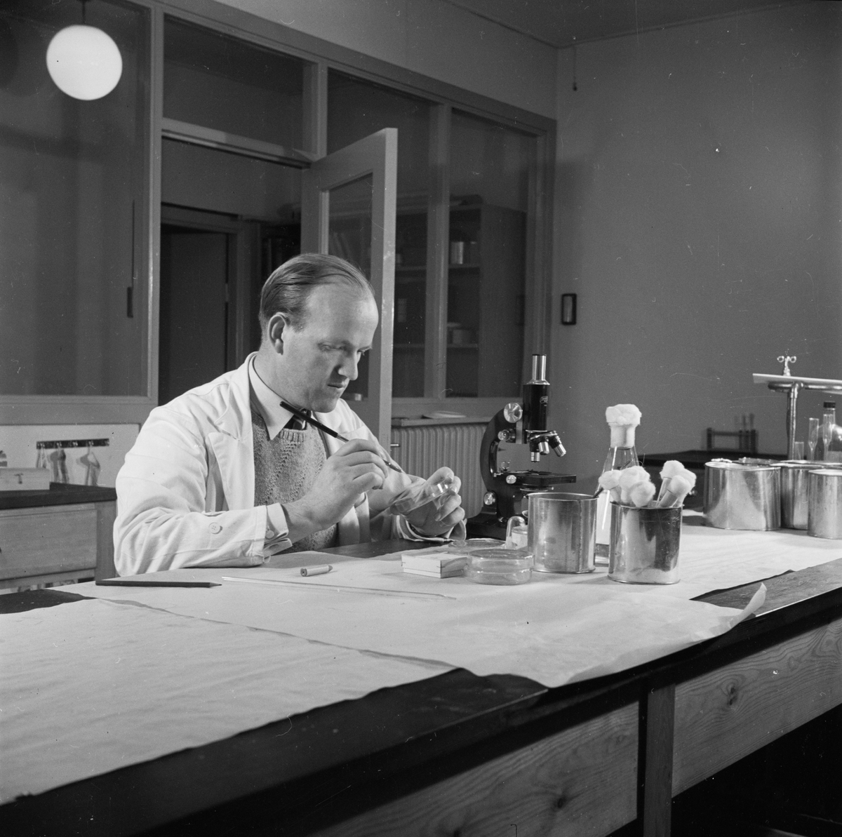 AB Uplandsprodukter, man i laboratorium, Uppsala oktober 1946