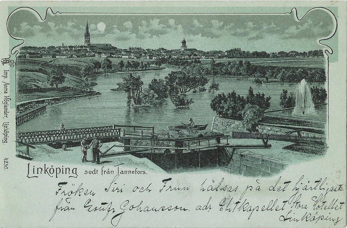 Vykort från Tannefors Linköping. 
Tannefors sluss, Kinda kanal, Stångån, vattenverk, 
import Anna Höglander Linköping
Postämplat 20 april 1902