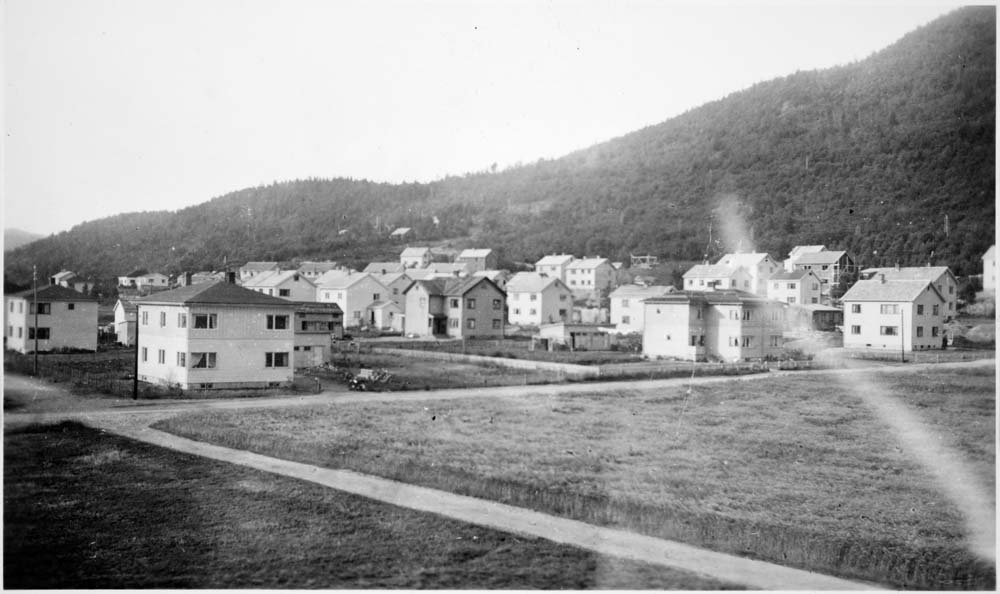 Oversikt over bebyggelsen i Åsbyen tatt fra Prestegårdsjordet. Huset  til venstre på hjørnet Grensen/Lyngenv er Lyngenveien 21. (Moldens bakeri)