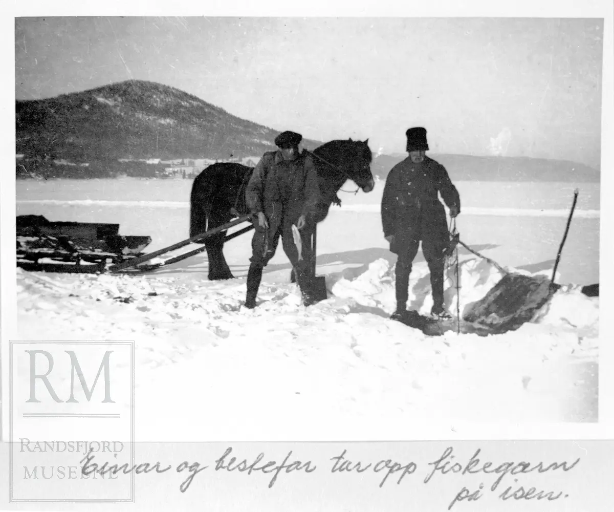 Ole Ruden og Einar Bergum tar opp fiskegarn på isen.