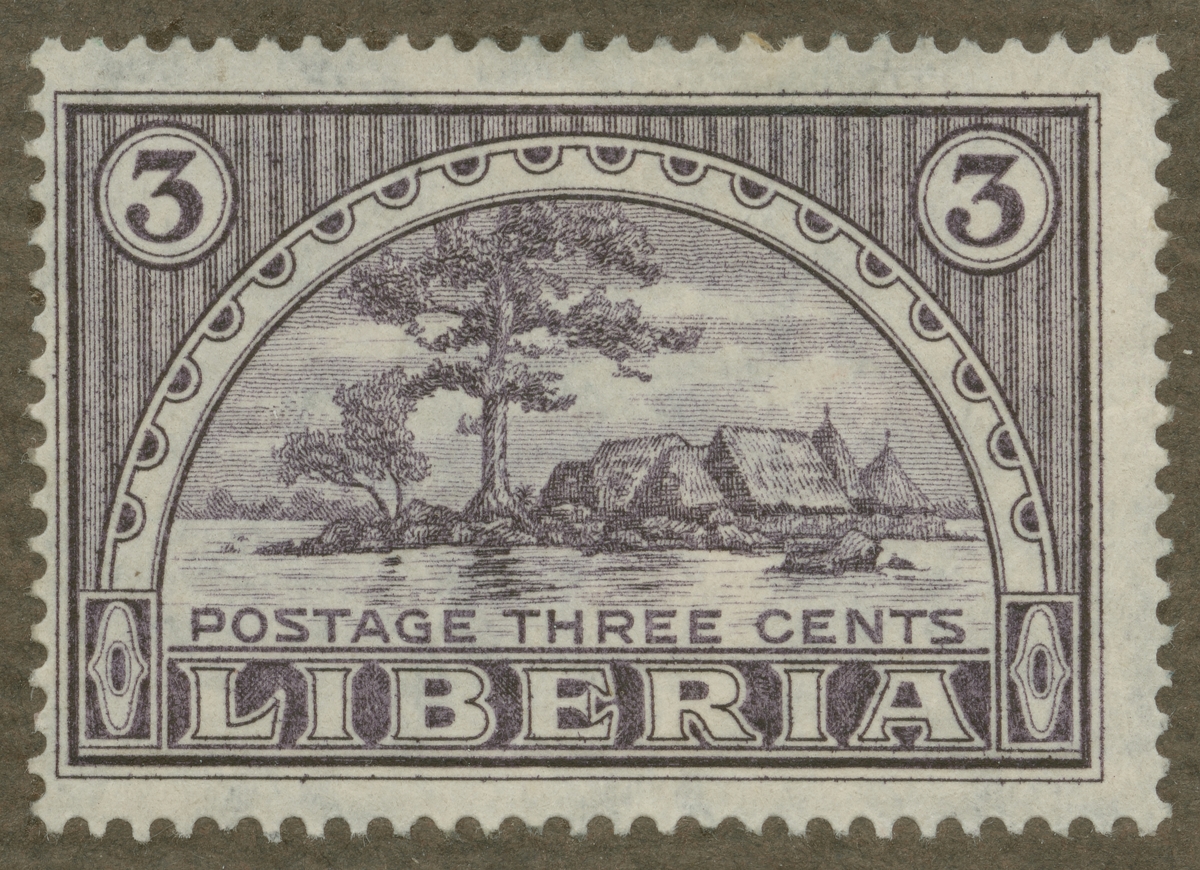 Frimärke ur Gösta Bodmans filatelistiska motivsamling, påbörjad 1950.
Frimärke från Liberia, 1914. Hyddor på ön Providence, Liberia.