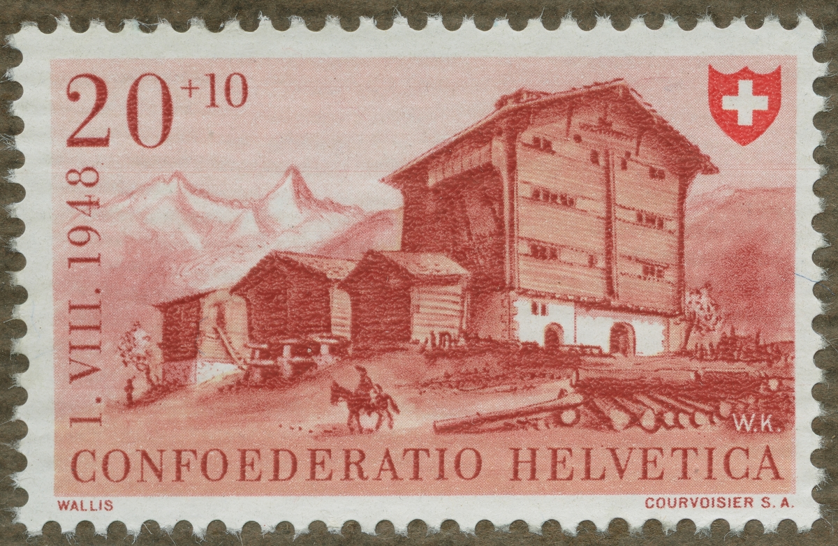 Frimärke ur Gösta Bodmans filatelistiska motivsamling, påbörjad 1950.
Frimärke från Schweiz, 1948. Motiv av typisk byggnad i Wallis, 1948-08-01.