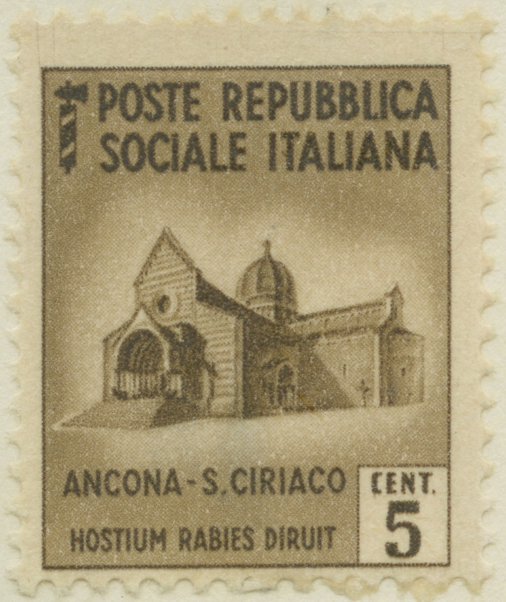 Frimärke ur Gösta Bodmans filatelistiska motivsamling, påbörjad 1950.
Frimärke från Italien, 1944. Motiv av kyrkan San Ciriaco i Ancona.