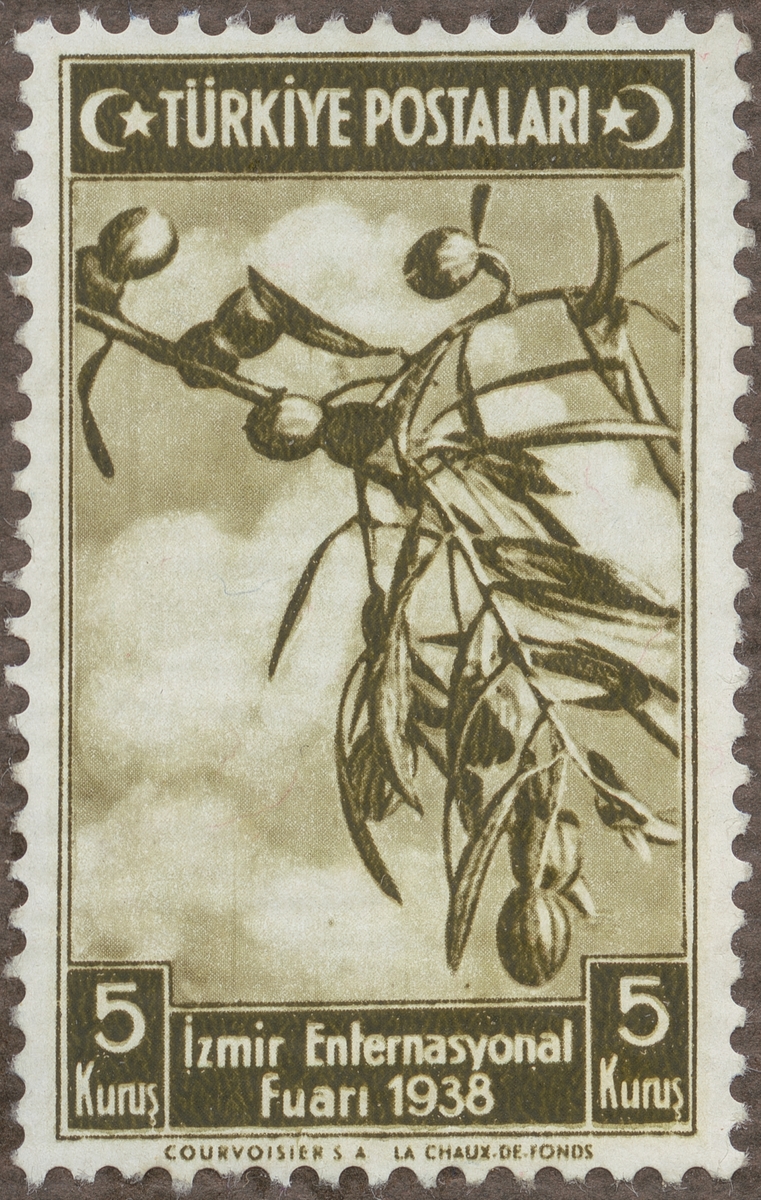 Frimärke ur Gösta Bodmans filatelistiska motivsamling, påbörjad 1950.
Frimärke från Turkiet, 1938. Motiv av kvist med oliver.