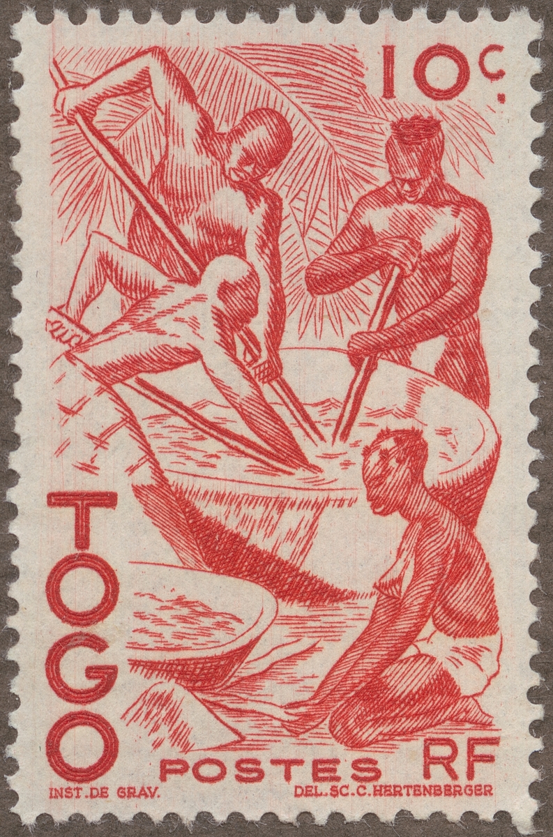 Frimärke ur Gösta Bodmans filatelistiska motivsamling, påbörjad 1950.
Frimärke från Togo, 1947. Motiv av extraktion av palmolja.