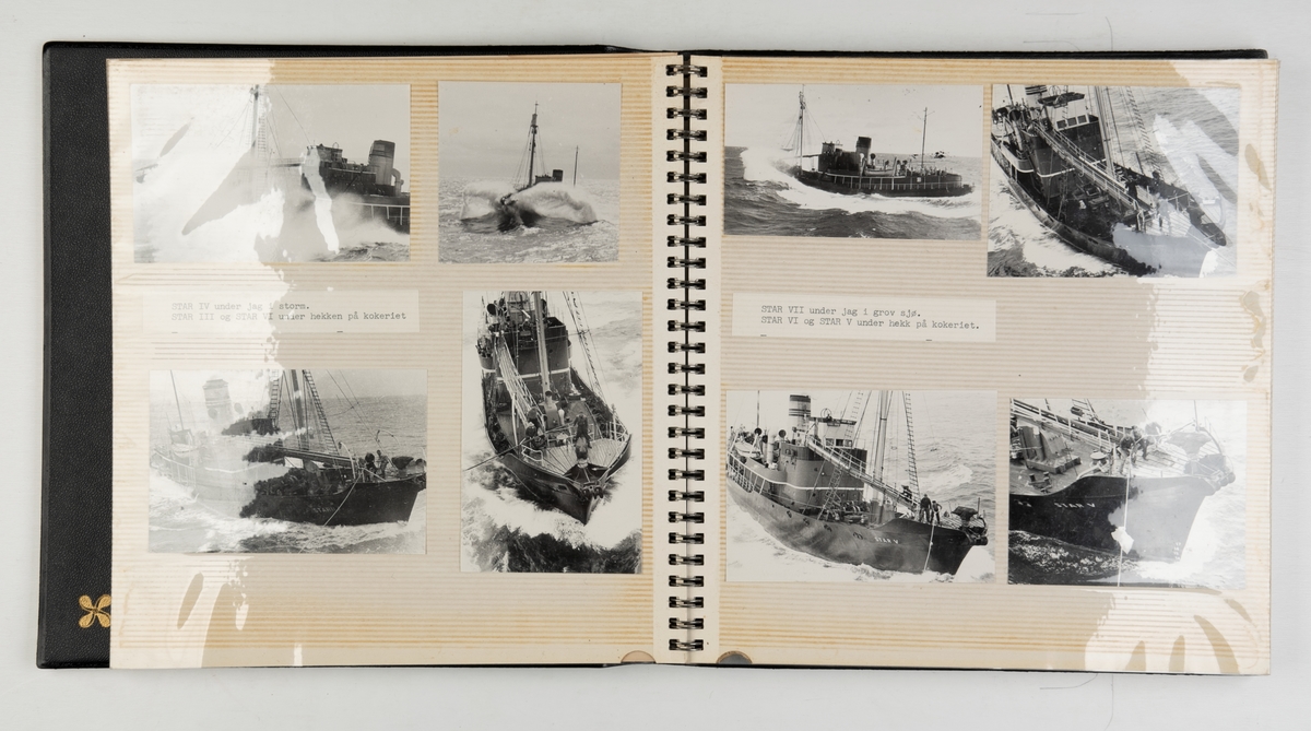Upaginert fotoalbum med bilder fra hvalfangst med Ross. Avbildede fartøy: Star III (hvalbåt) / Star IV (hvalbåt) / Star V (hvalbåt) / Star VI (hvalbåt) og Sir James Clack Ross av Sandefjord.