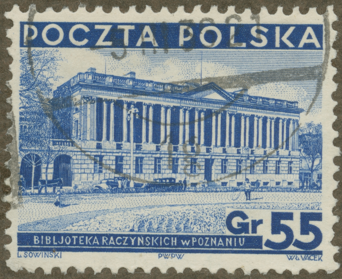 Frimärke ur Gösta Bodmans filatelistiska motivsamling, påbörjad 1950.
Frimärke från Polen, 1935. Motiv av Greve Raczynskia Bibliotek i Poznan.