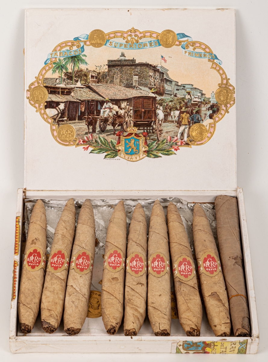 Cigarrlåda, träförpackning, märkt P.C. Rettig & Co, Gefle. St. Andreas. Flor Fina 10 Claro.