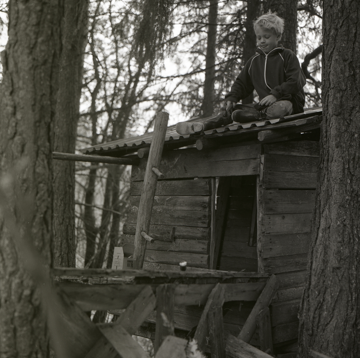 En pojke sitter och spikar på taket till en koja i skogen, 7 oktober 1985.
