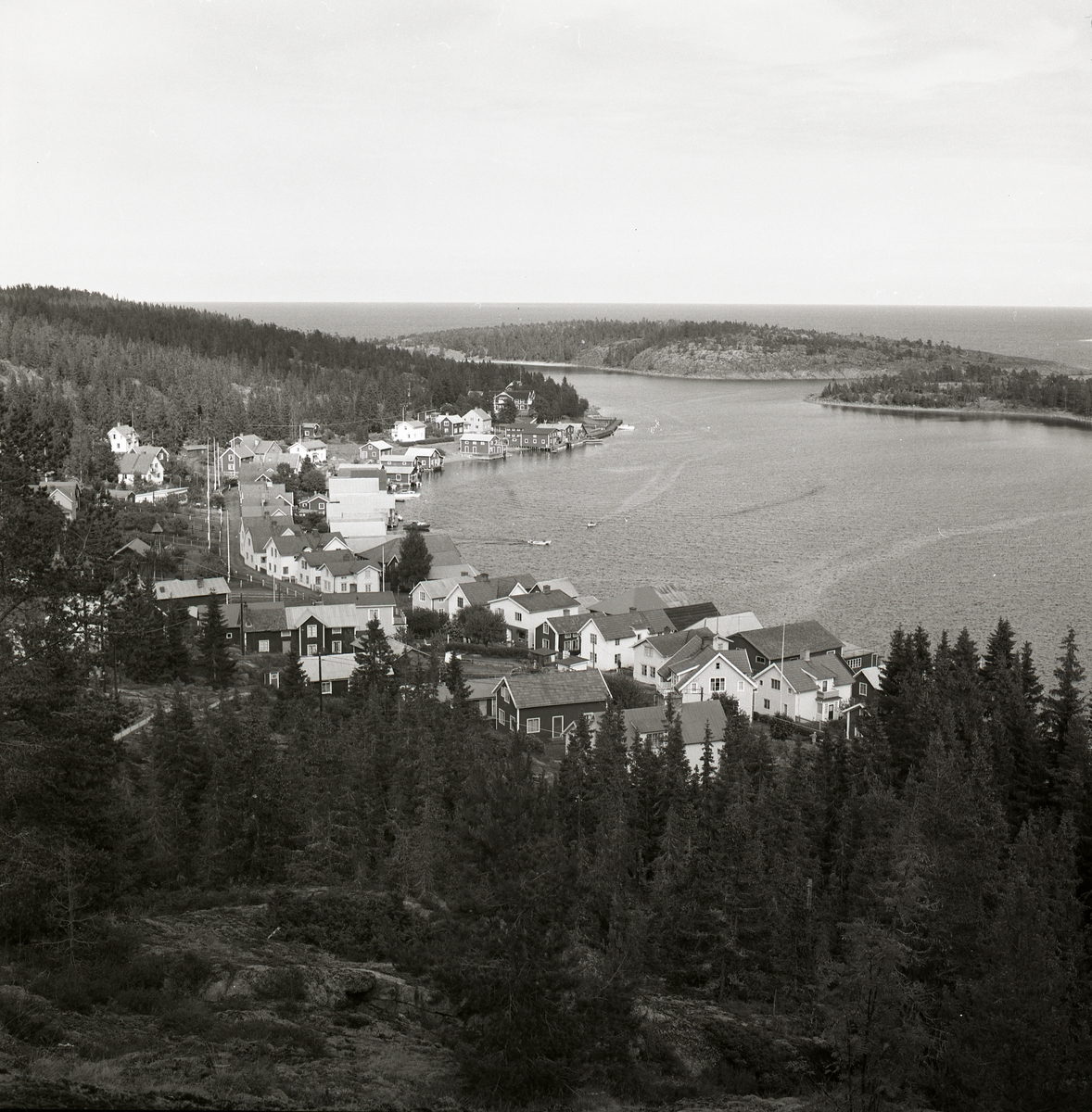 Utsikt över en vik eller hamn med bostadshus, fiskeläge och skog, Ulvön 1974.