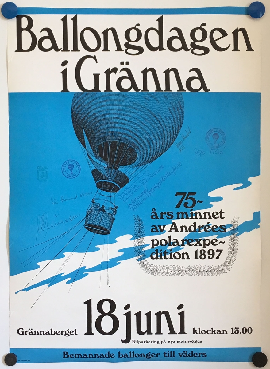 Illustration av ballongen Örnen, som just har lyft från Danskön, mot en blå och vit bakgrund.