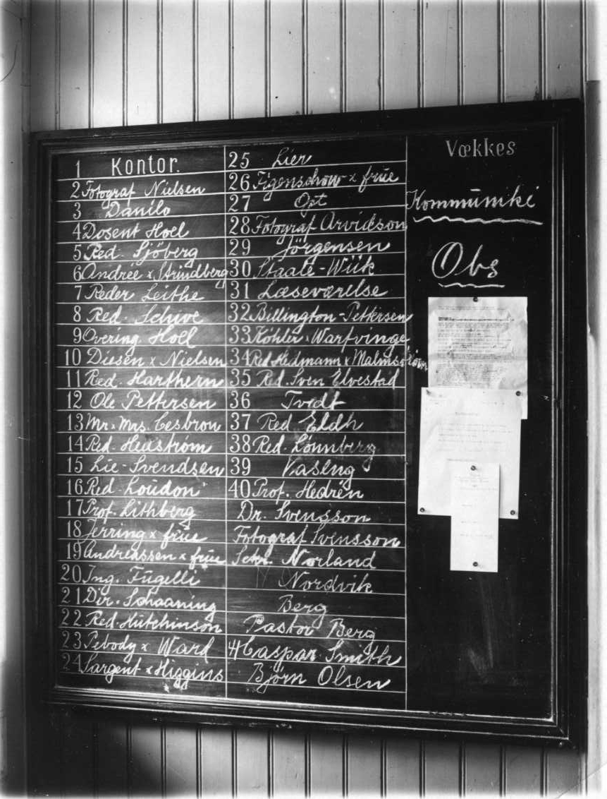 En stor svart tavla numrerad 1 till 40 med namn på gäster på ett hotell i Tromsö. Tavlan sitter på en pärlspontpanel. Bland namnen finns bland andra Andrée, Strindberg, Jerring med fru, professorerna Hedrén och Lithberg och mycket tidningsfolk.