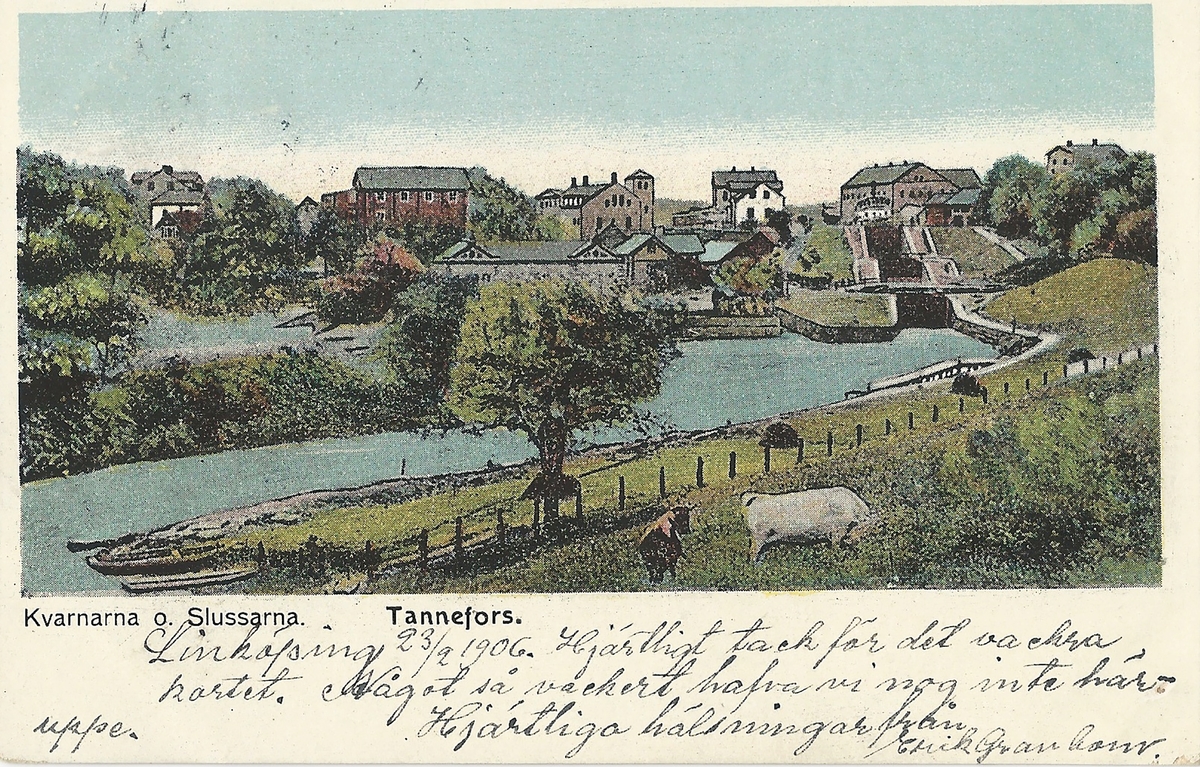 Vykort Bild vy över Tannefors kvarnby i Linköping.
Tannefors, kvarnby, sluss, vattenverk, kvarn,
Poststämplat 23 februari 1906
L. Hallbergs tobakshandel