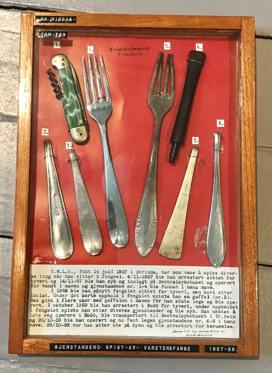 Innrammet montasje. To gafler og fem bestikkdeler, samt en lommekniv.