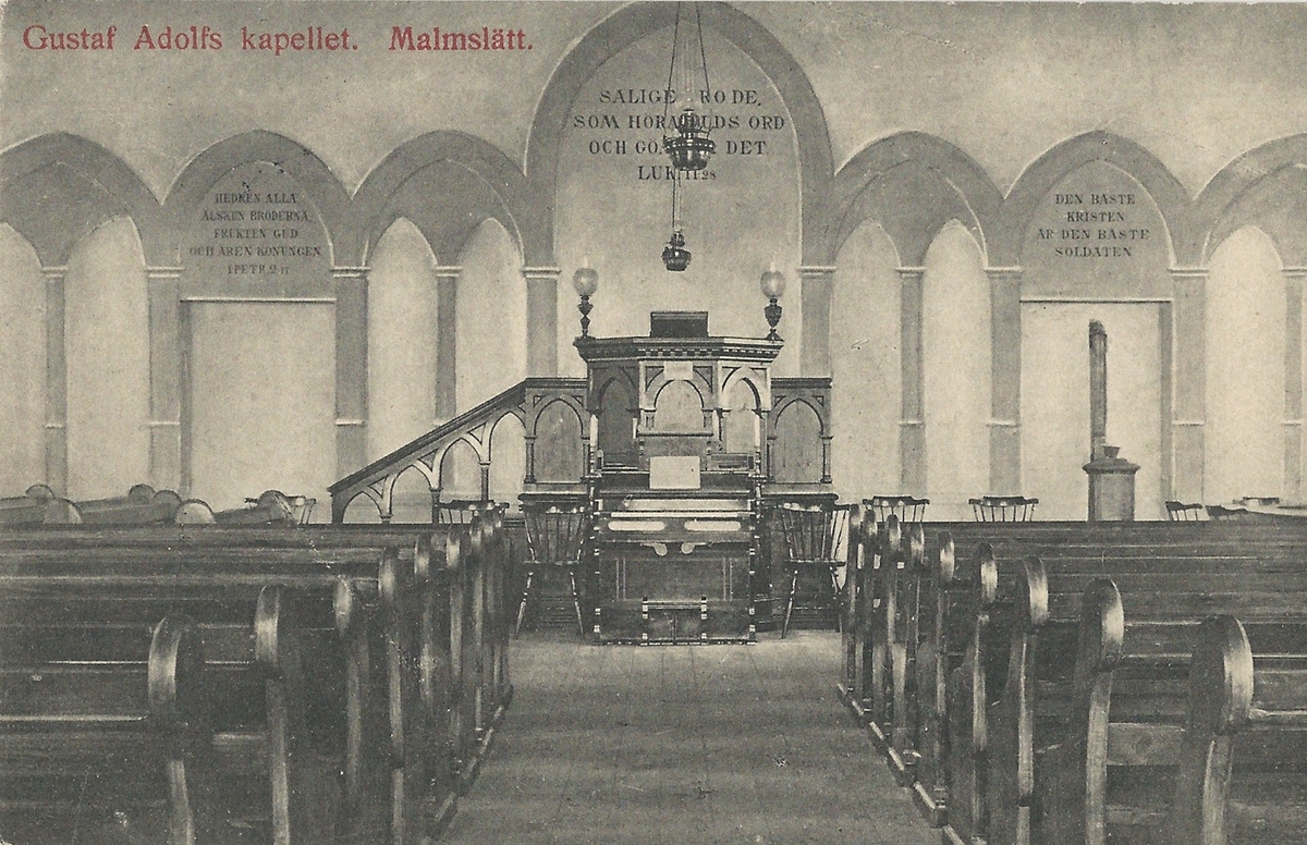 Vykort Bild från Gustaf Adolfs kapellet i Malmslätt utanför Linköping.
kapell, kyrka,  Malmslätt,  kyrksal,
Poststämplat 5 juni 1912
Hoffotograf SW. Swensson Linköping