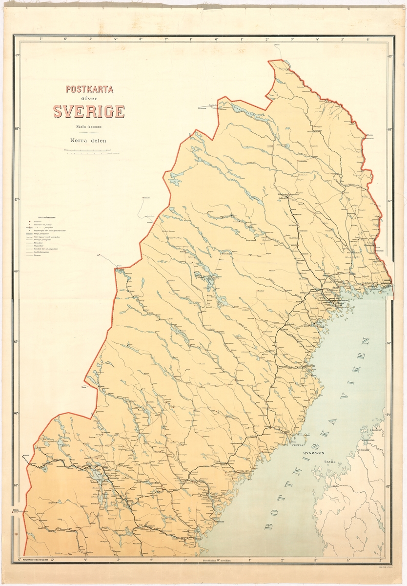 Postkarta över Sverige, norra delen, utgiven 1901. Skala 1:800 000. Tillverkad av papper uppfordrad på väv.