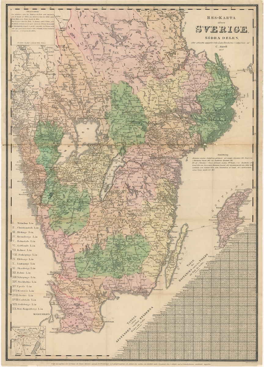 Reskarta över södra Sverige, med avståndstabell, daterad 1857 i Stockholm, utförd av C Akrell och graverad C Andersson (efter officiella uppgifter från Länsstyrelsen). 

Kartan kolorerad för hand och tryckt på papper, uppfodrad på väv.