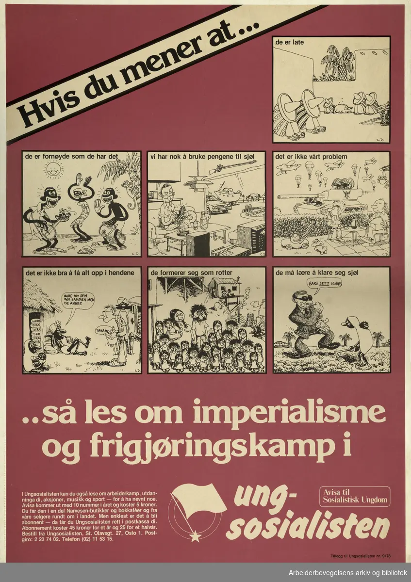 Plakat SU: Plakat med tegneseriestripe om imperialisme fra ungsosialisten, avisa til Sosialistisk ungdom, nr.9.1978