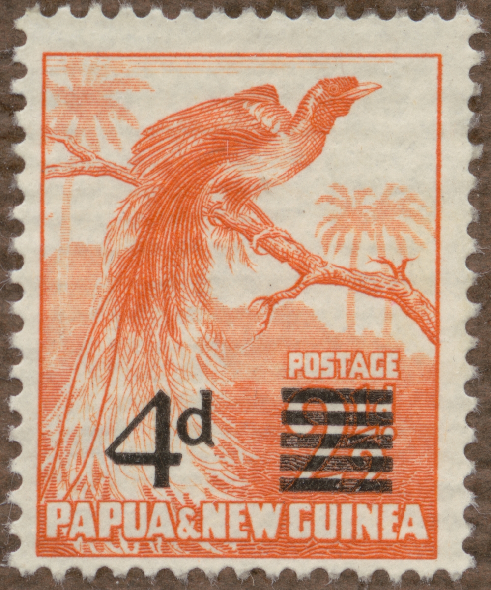 Frimärke ur Gösta Bodmans filatelistiska motivsamling, påbörjad 1950.
Frimärke från Papua och Nya Guinea, 1957. Motiv av paradisfågeln för prydnadsfjädrar.