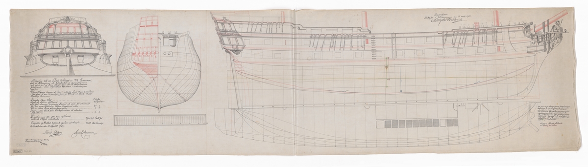 Kopia av originalritning till linjeskeppen ADOLF FREDRIK och GUSTAF III, utförd av Jacob Hägg efter original av Chapman och Sohlberg daterat 1767. Akterspegel, spantruta, linjeritning i plan och profil med ornamentering.