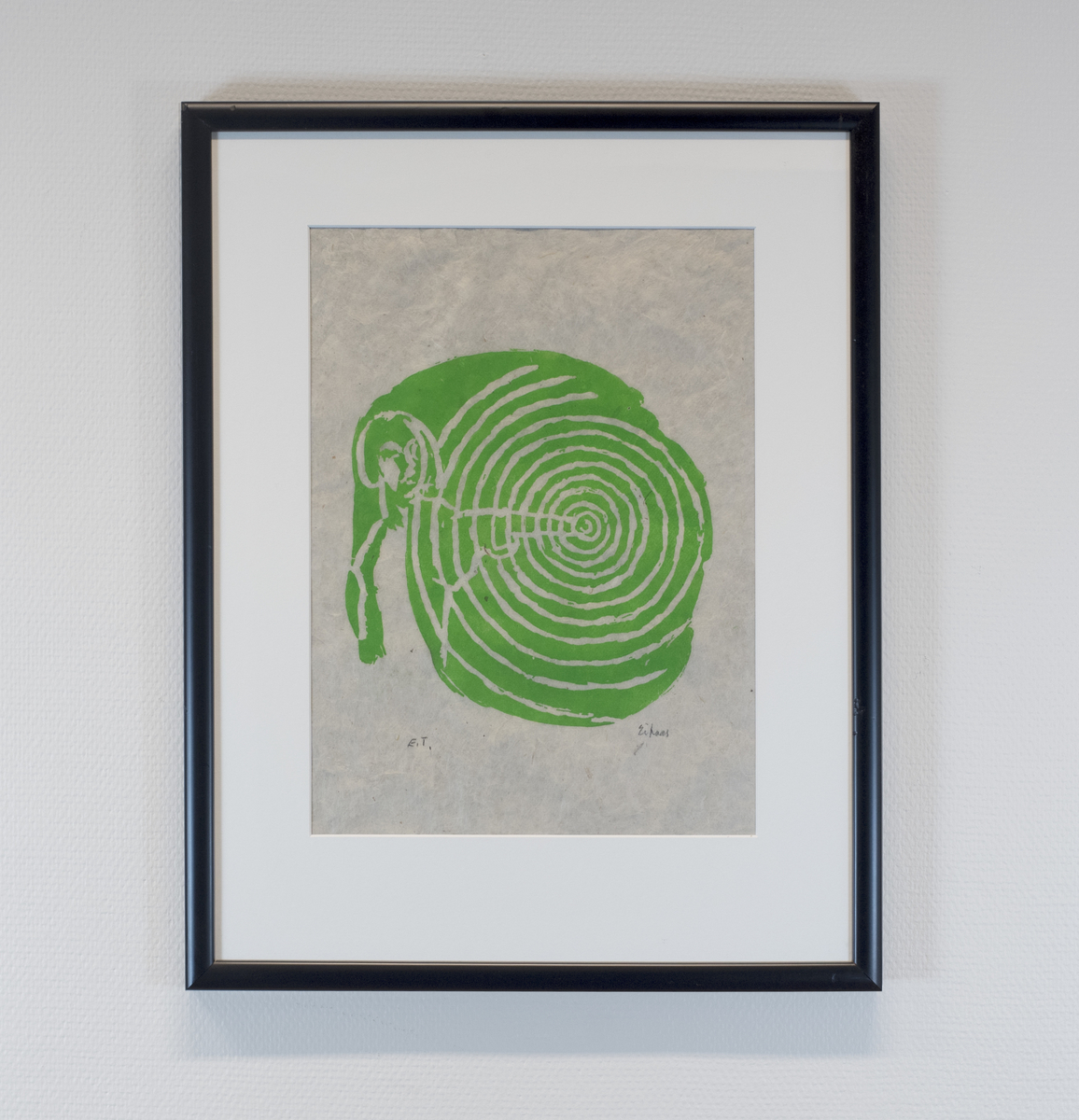 Menneskefigur med sirkler. Grønt trykk. Motivet er hentet fra Henrik Ibsens verk Hedda Gabler. 