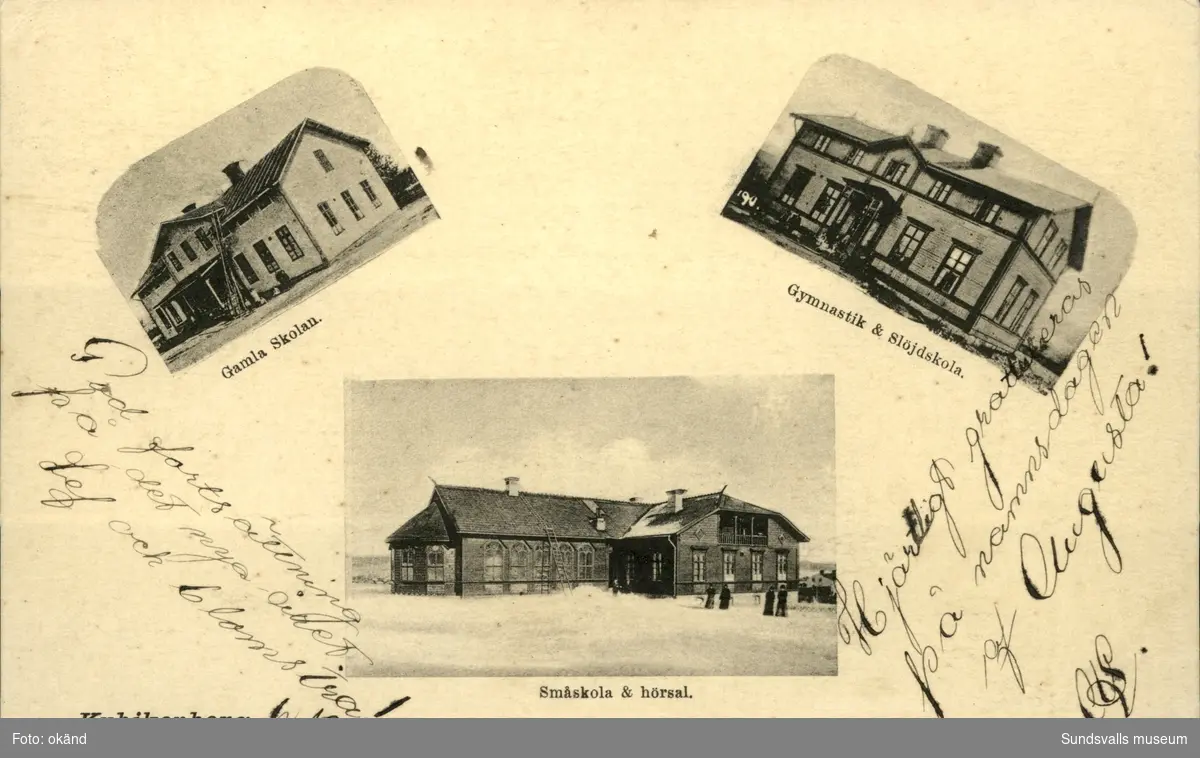 Vykort med motiv över gamla skolan, gymnastik- och slöjdskolan, småskolan och hörsalen på Kubikenborg i Sundsvall.