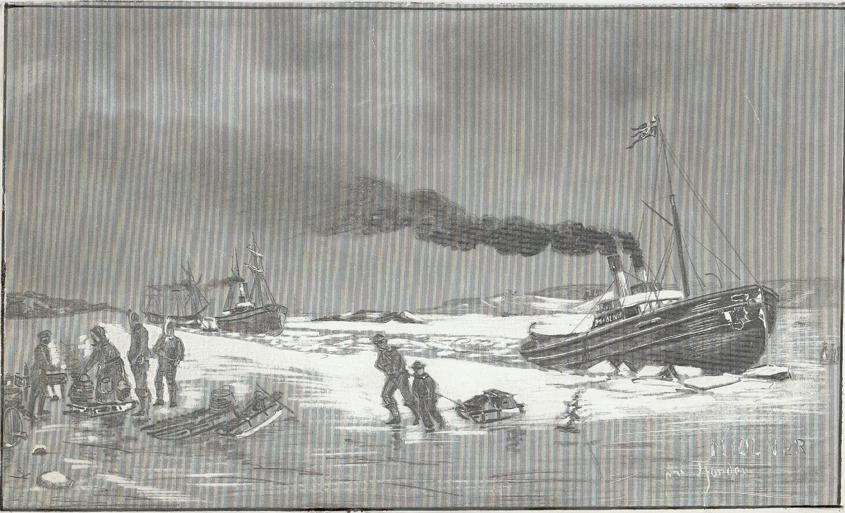 Mjølner bryster isen i frogrunnen til høyre, og tre skip følger etter i råken. Til venstre i forgrunnen står tre menn rundt en kone med dampende kokekar på en kjelke. På midten drar en mann og en gutt en kjelke på isen.