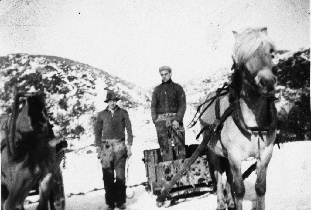 Drengene Arne Søyland og Martin Aga med hest og steinslede.