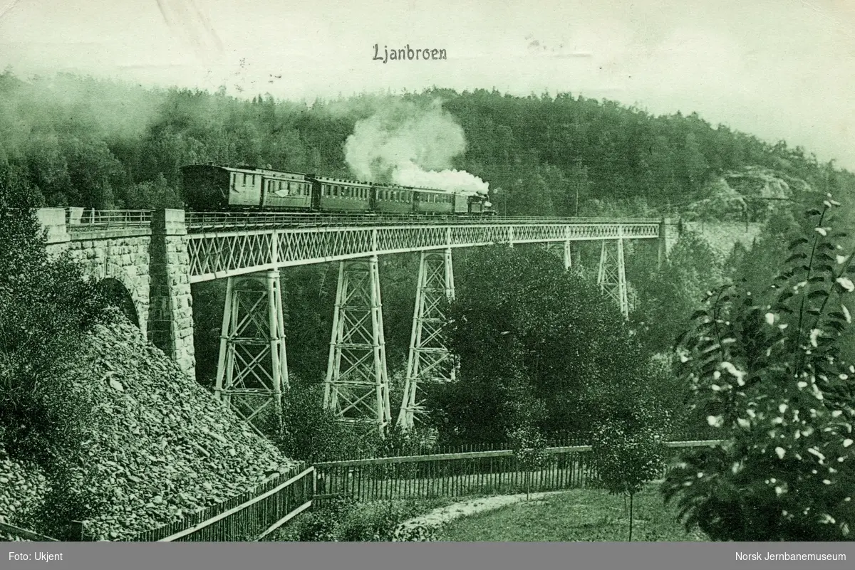 Damplokomotiv med persontog på Ljan viadukt
